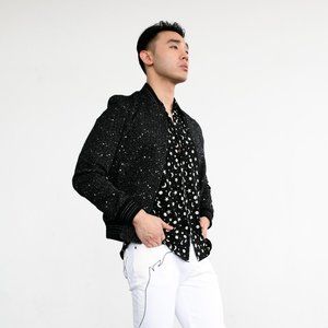 Saint Laurent Black & Silver Sequin Tweed Bomber Jacket